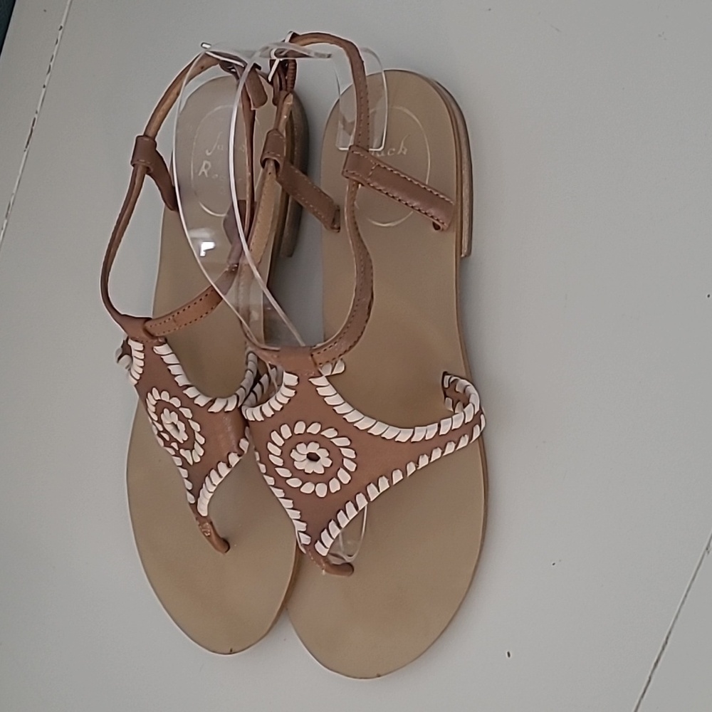 Jack Rogers Tan and White Braided T-Strap Sandals